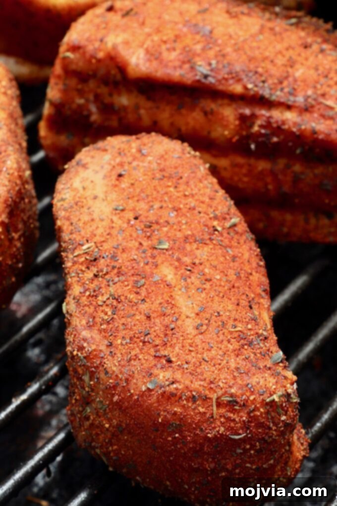 Artisan Smoked Pork Chops 9 Seasoned pork chops arranged neatly on the grill grates inside a smoker, beginning their slow cook.