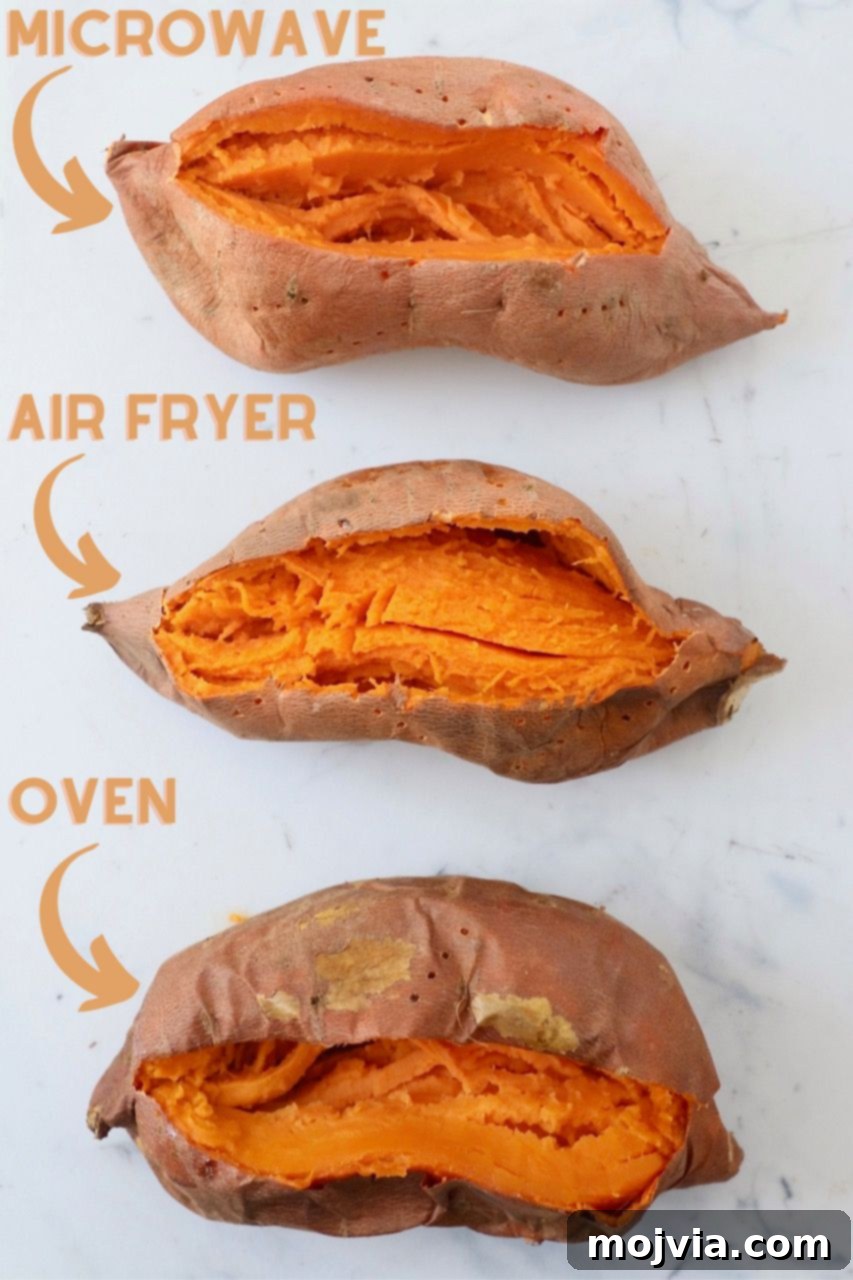 Sweet Potato Perfection Every Time 8 various cooked sweet potatoes on a cutting board, highlighting different textures and readiness