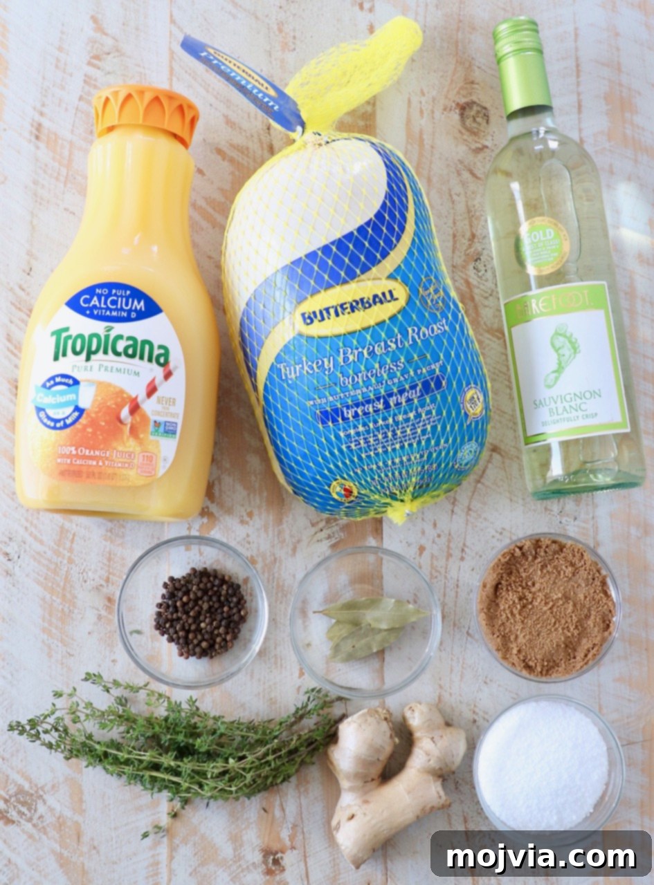 Ingredients for a delicious turkey brine laid out on a table.