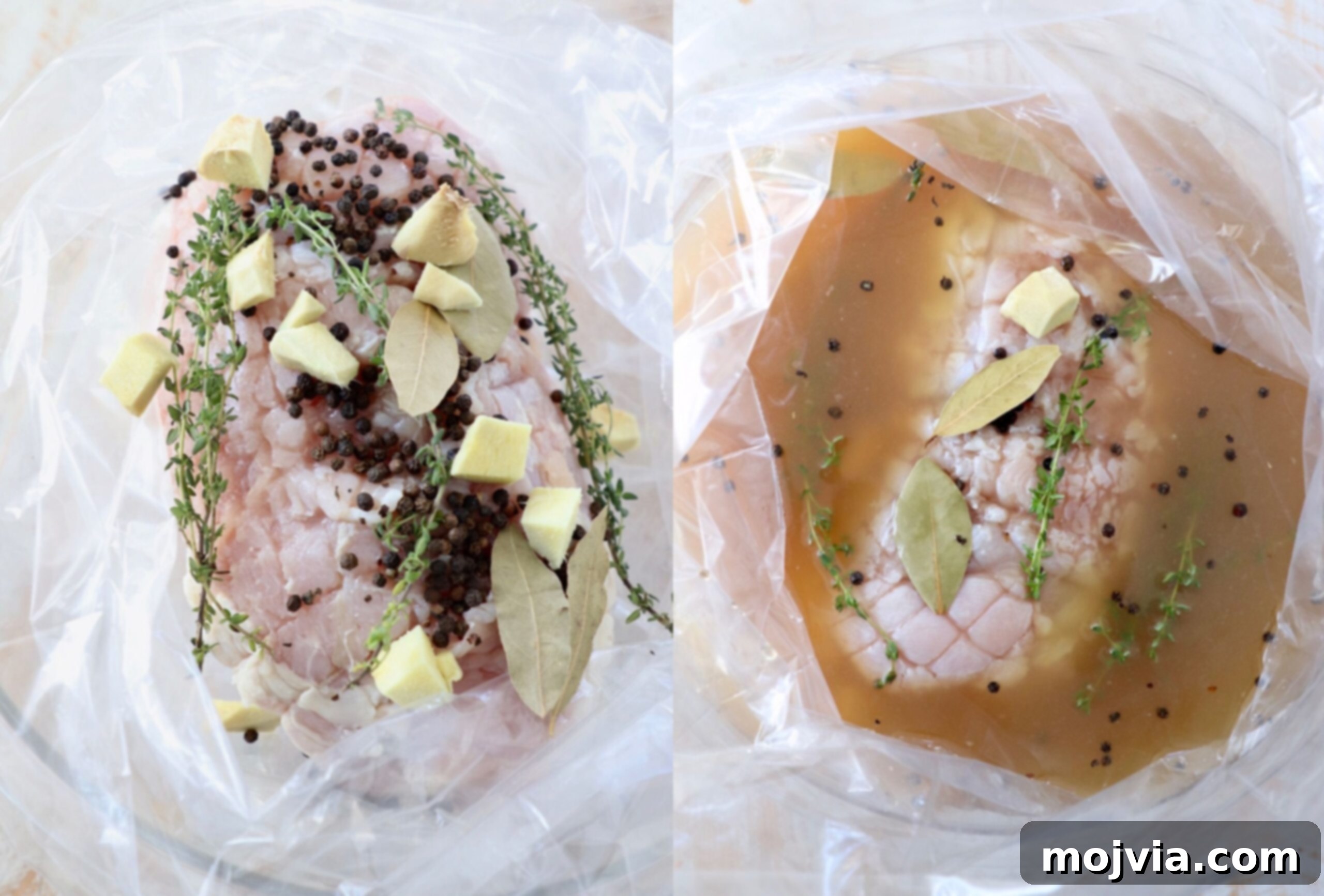 Turkey breast soaking in white wine brine inside a brining bag, placed in a large bowl.