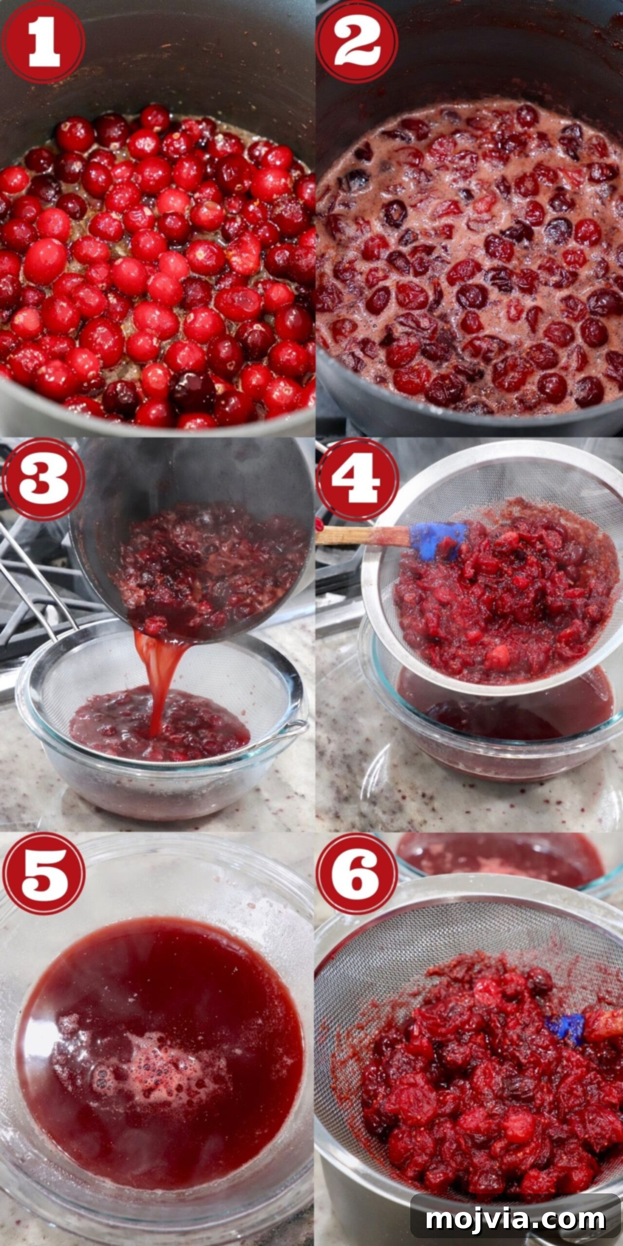 Collage showing steps for making cranberry glaze: cooking cranberries, straining, and the finished glaze.