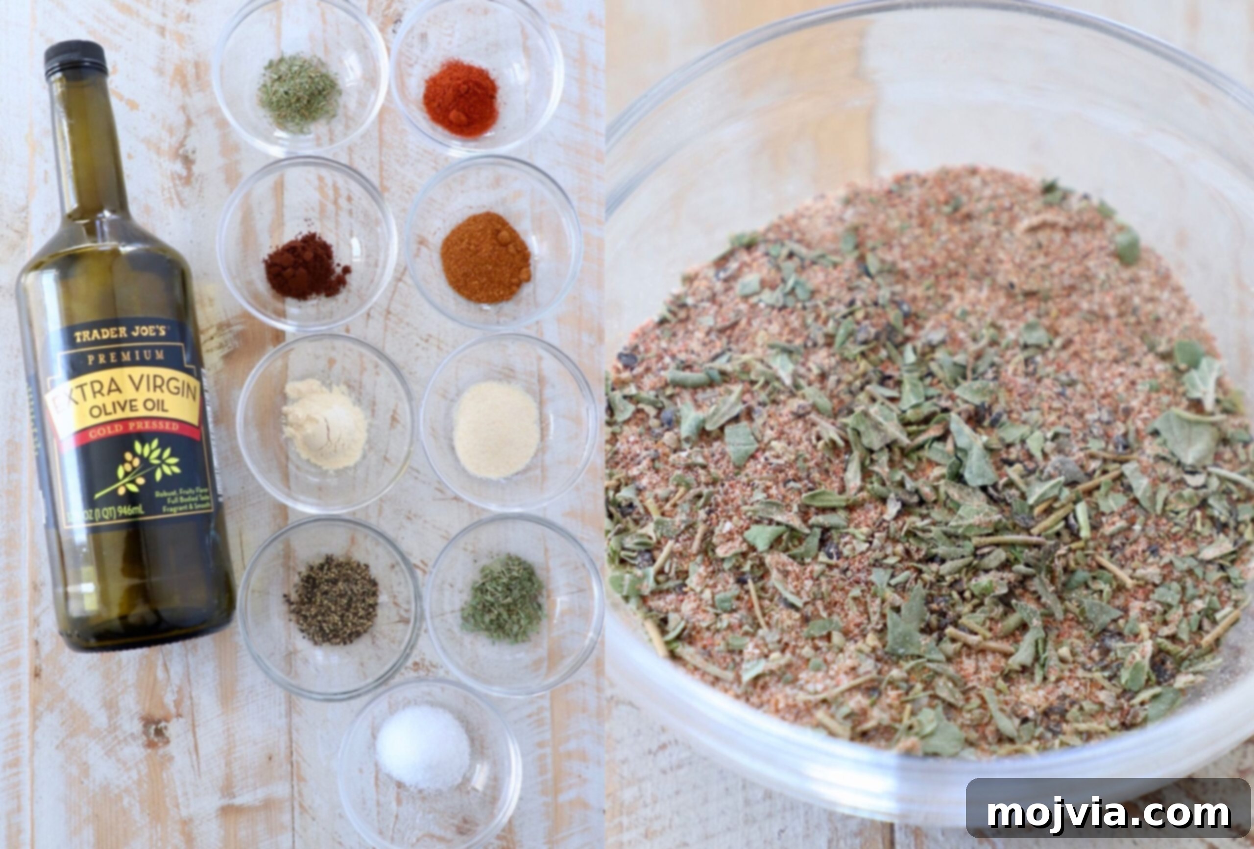 Bowl of turkey rub ingredients next to a small bowl with the mixed spice rub.
