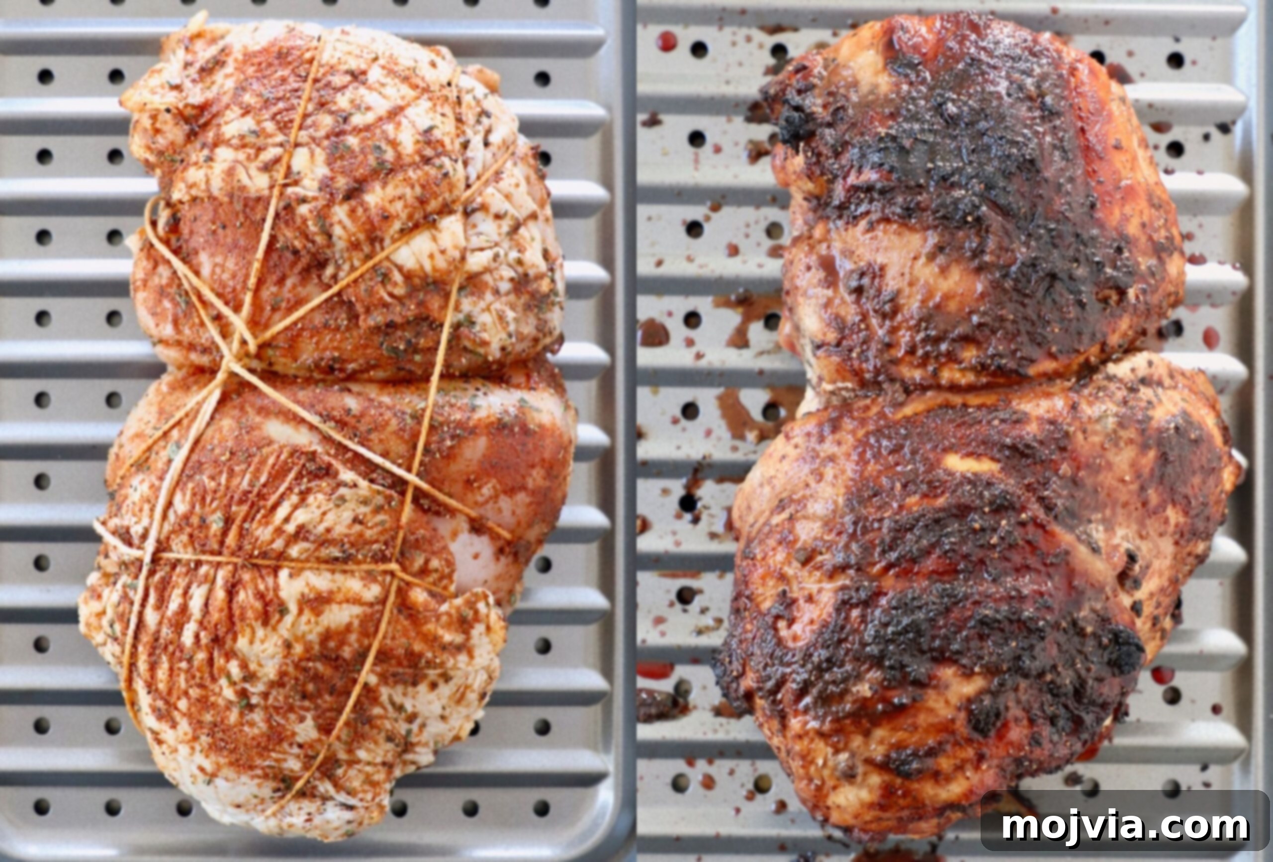 Before and after image of turkey breast: uncooked with rub next to golden roasted turkey breast.