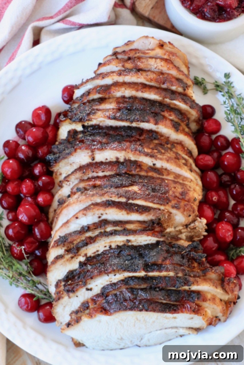 Sliced turkey breast on a plate, garnished with fresh cranberries and thyme sprigs.