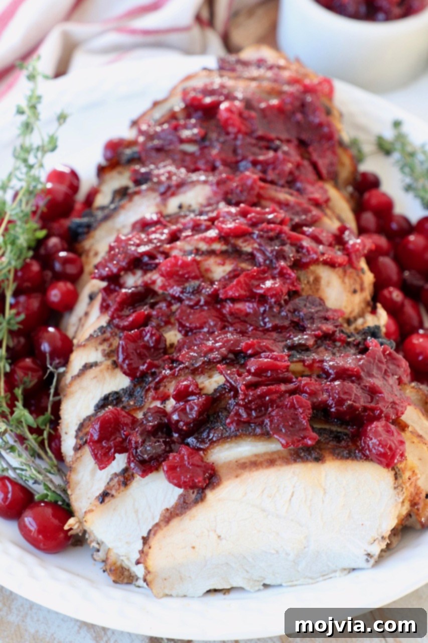 Close-up of sliced turkey breast with cranberry glaze on top, on a white plate.