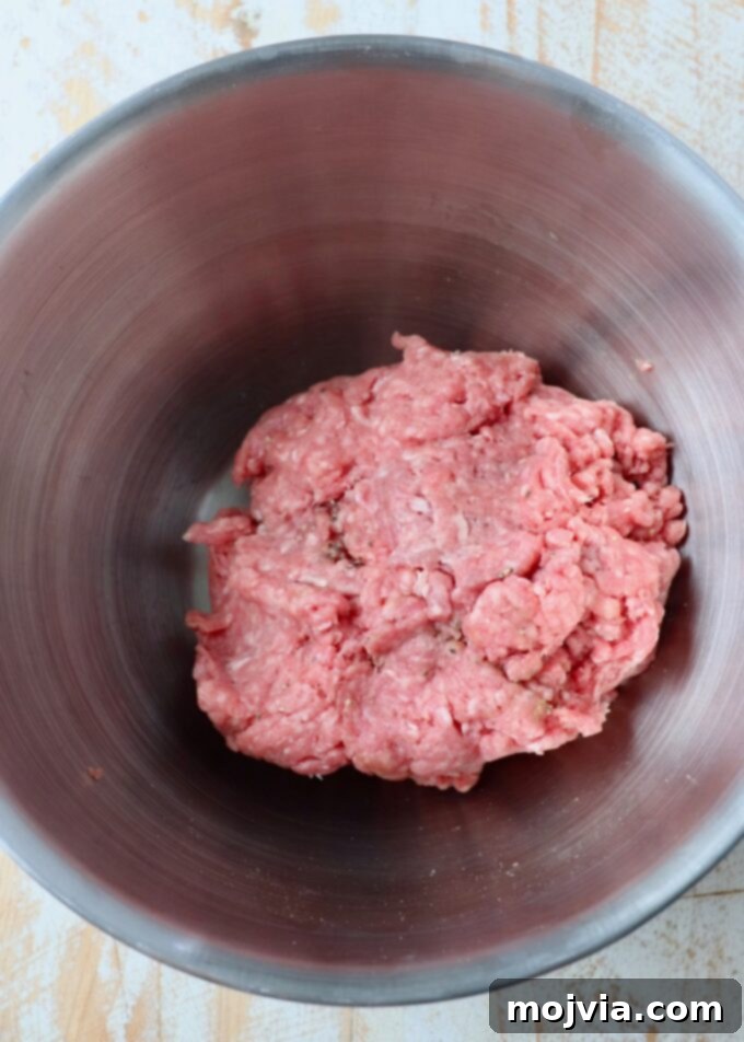 seasoned ground beef in metal bowl
