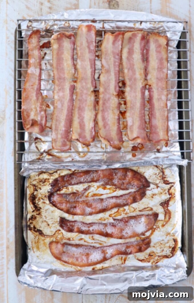 cooked bacon on baking sheet, less crispy