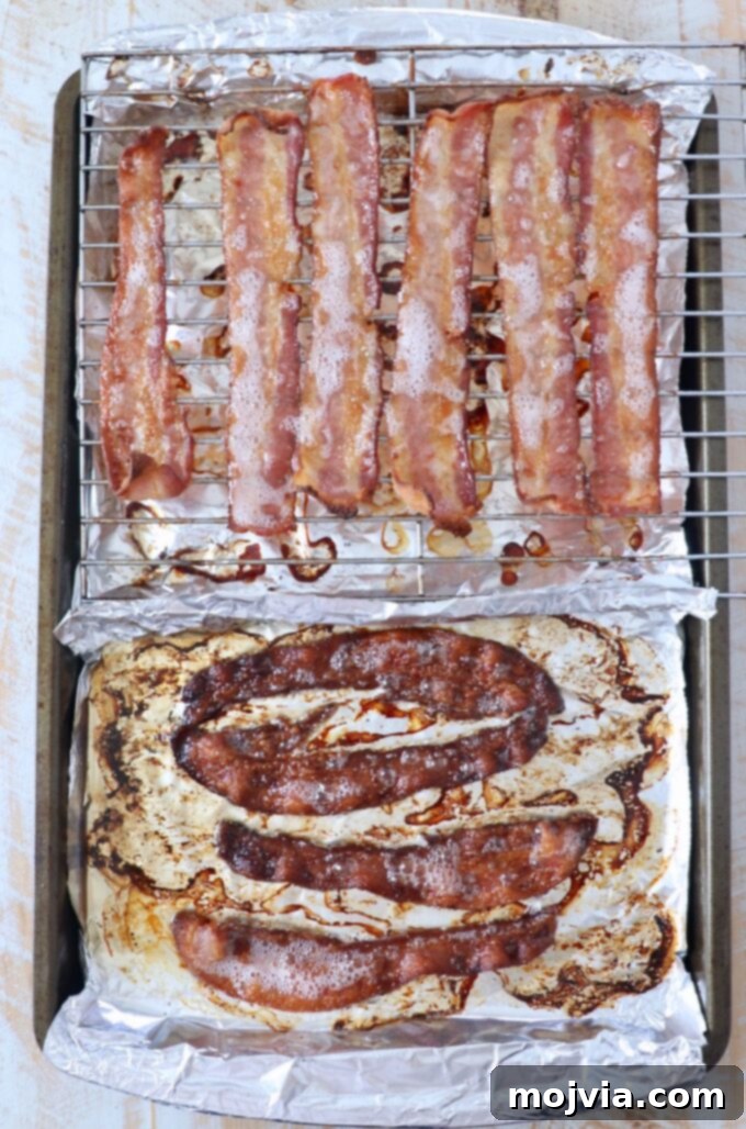 cooked bacon on baking sheet, more crispy