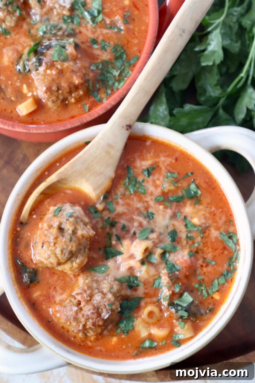 Ultimate Comfort Meatball Soup 8 meatball soup in bowls with wooden spoon
