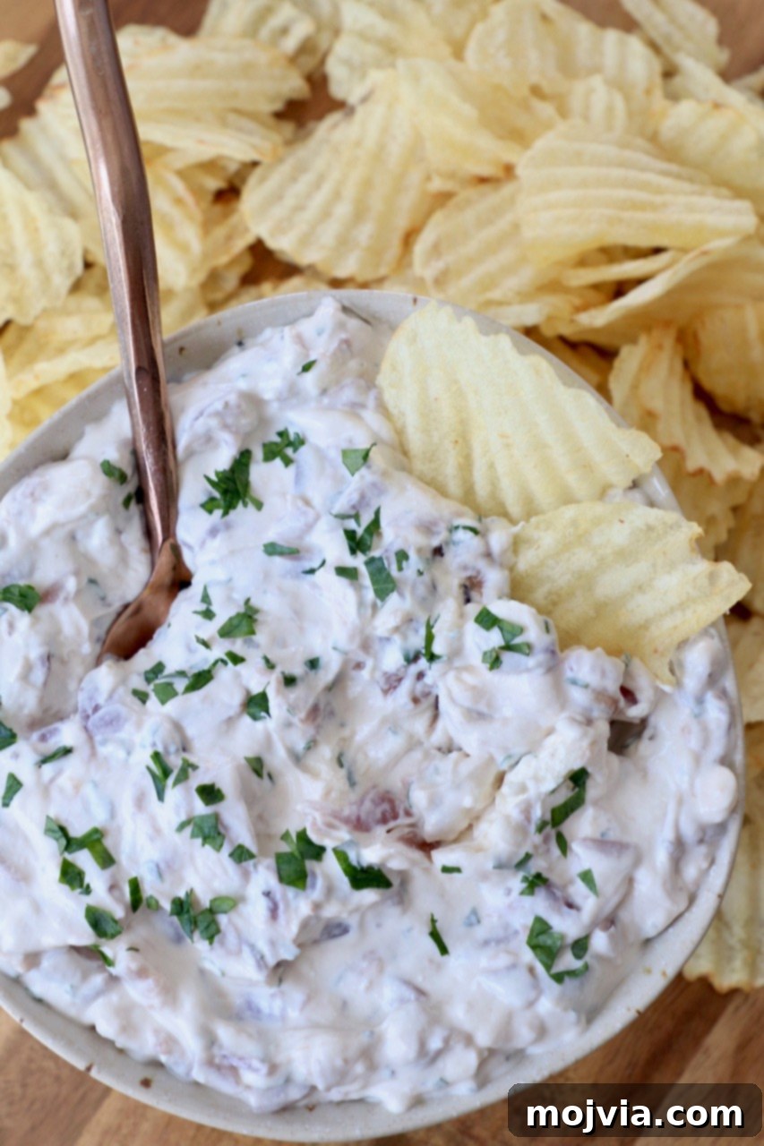 A bowl of French onion dip with a bag of Ruffles potato chips next to it, ready for dipping.