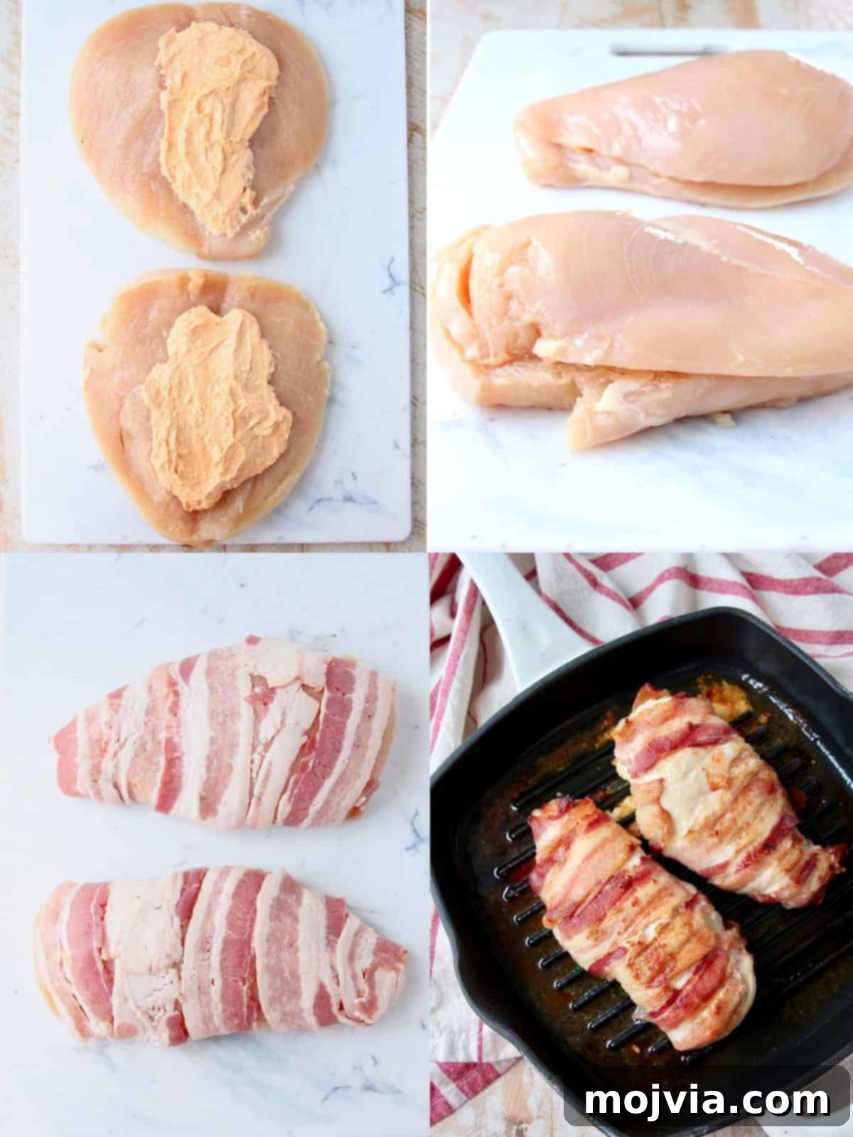 Gourmet Bacon-Wrapped Stuffed Chicken Treasure 3 Collage of images showing how to make bacon wrapped stuffed chicken breasts