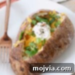 baked potato on plate with fork, filled with cheese, green onions and sour cream