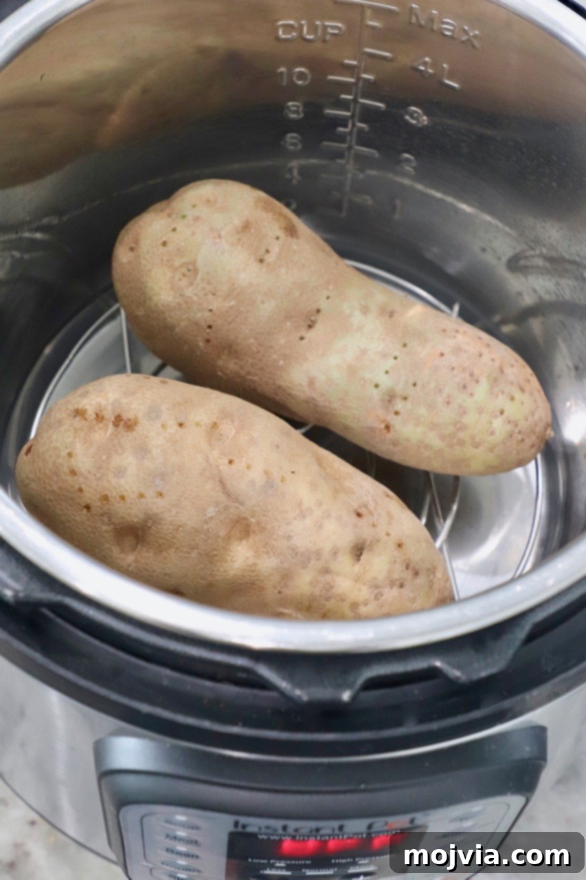 Perfect Instant Pot Baked Potatoes 2 Two large russet potatoes ready for cooking in an Instant Pot