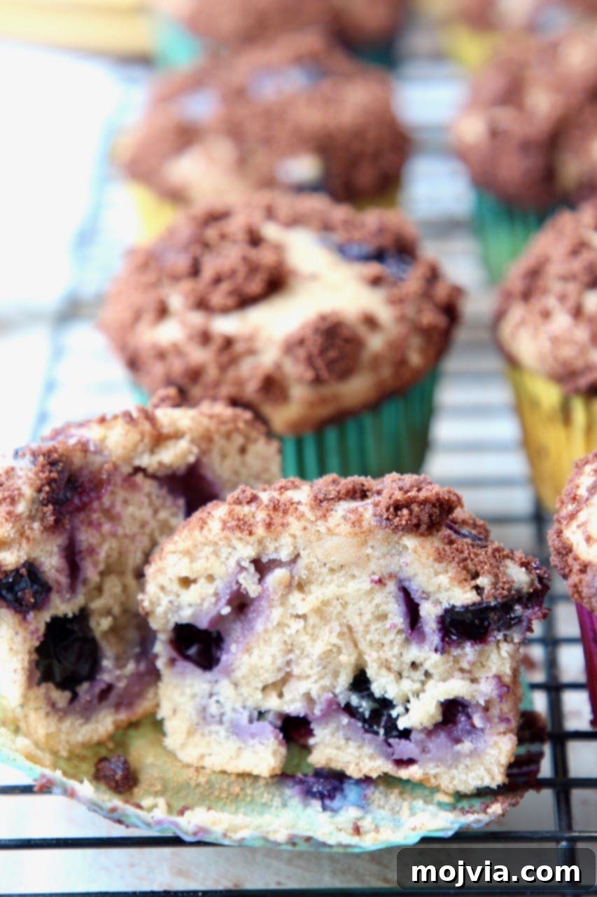 Blueberry Cream Cheese Muffins with Chocolate Crumble, sliced in half to show the creamy interior and fruit