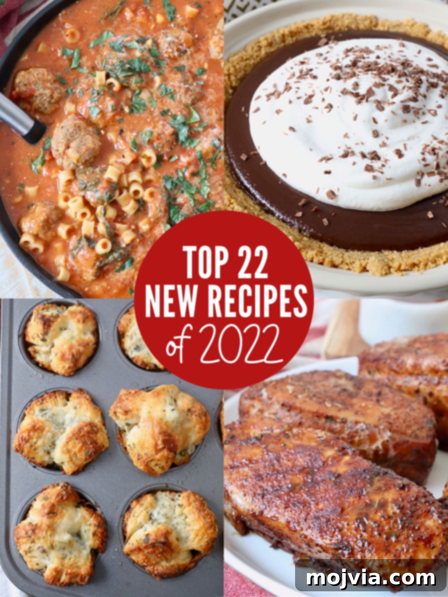22 Standout Recipes from 2022 2 collage of images showing meatball soup, chocolate pie, cheesy rolls and smoked pork chops