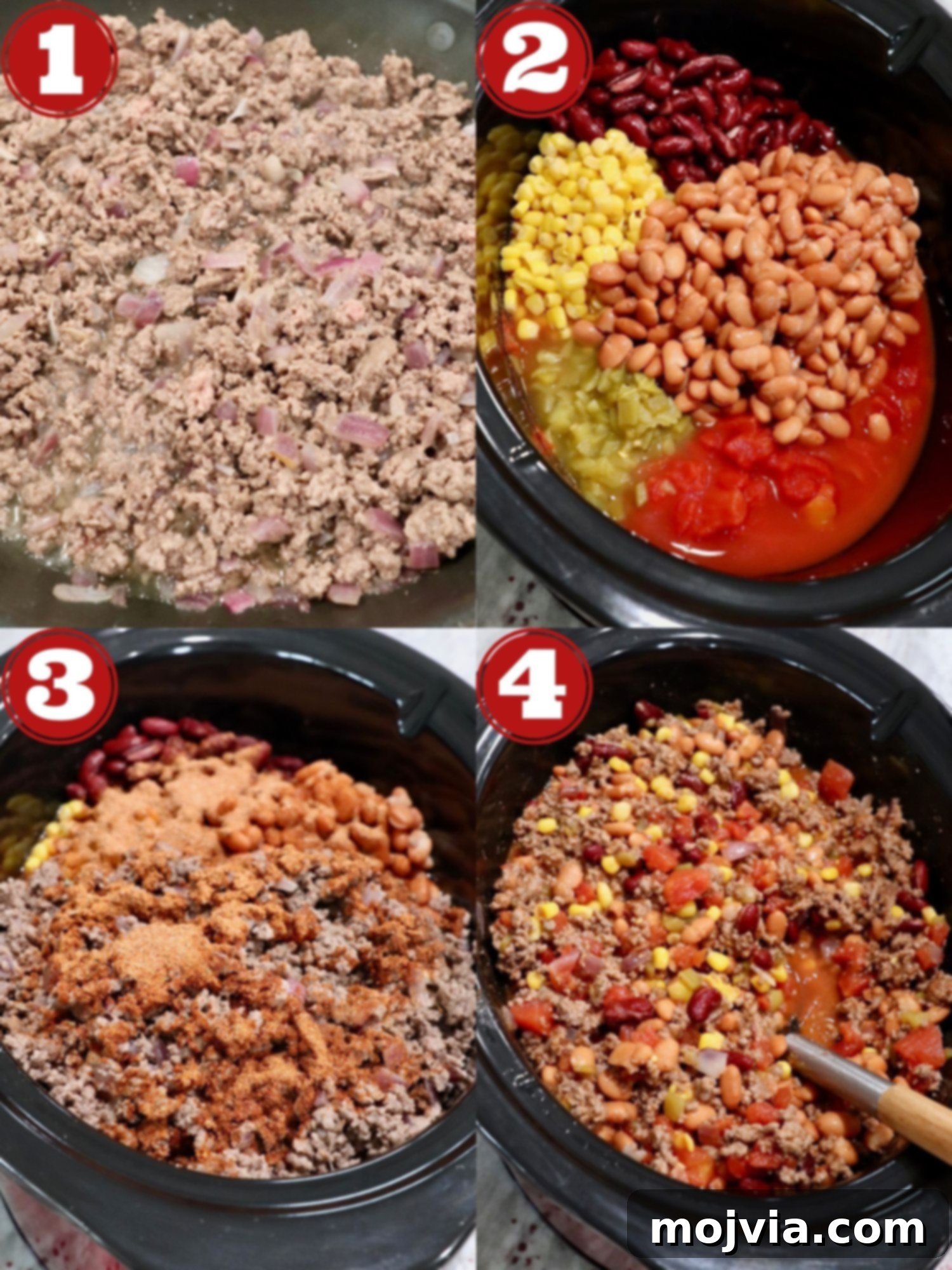 A visual collage showing the progression of making slow cooker taco soup, from browning beef and onions to combining all ingredients in a crock pot, illustrating the easy steps.
