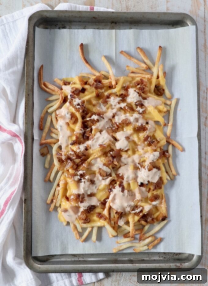 Secret Sauce Loaded Fries 5 animal style fries on baking sheet