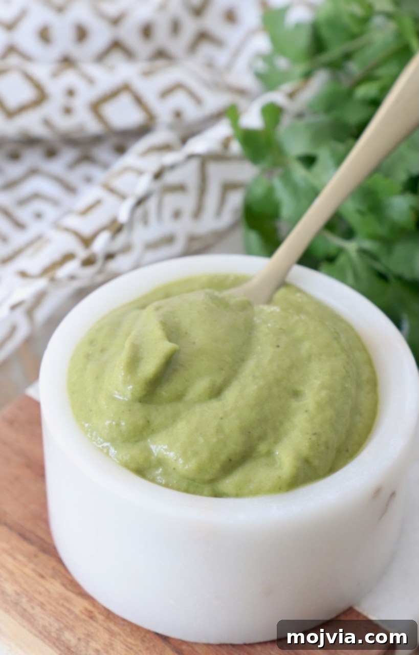 Smoky Poblano Verde 4 poblano cream sauce in small bowl with spoon