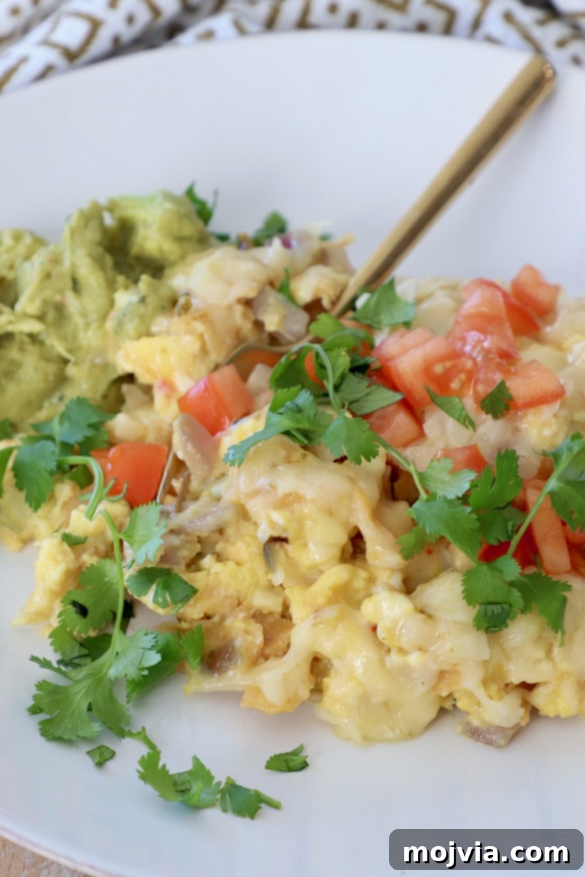 Classic Migas 9 A close-up of Tex-Mex Migas on a white plate, with a gold fork poised, ready to be enjoyed.