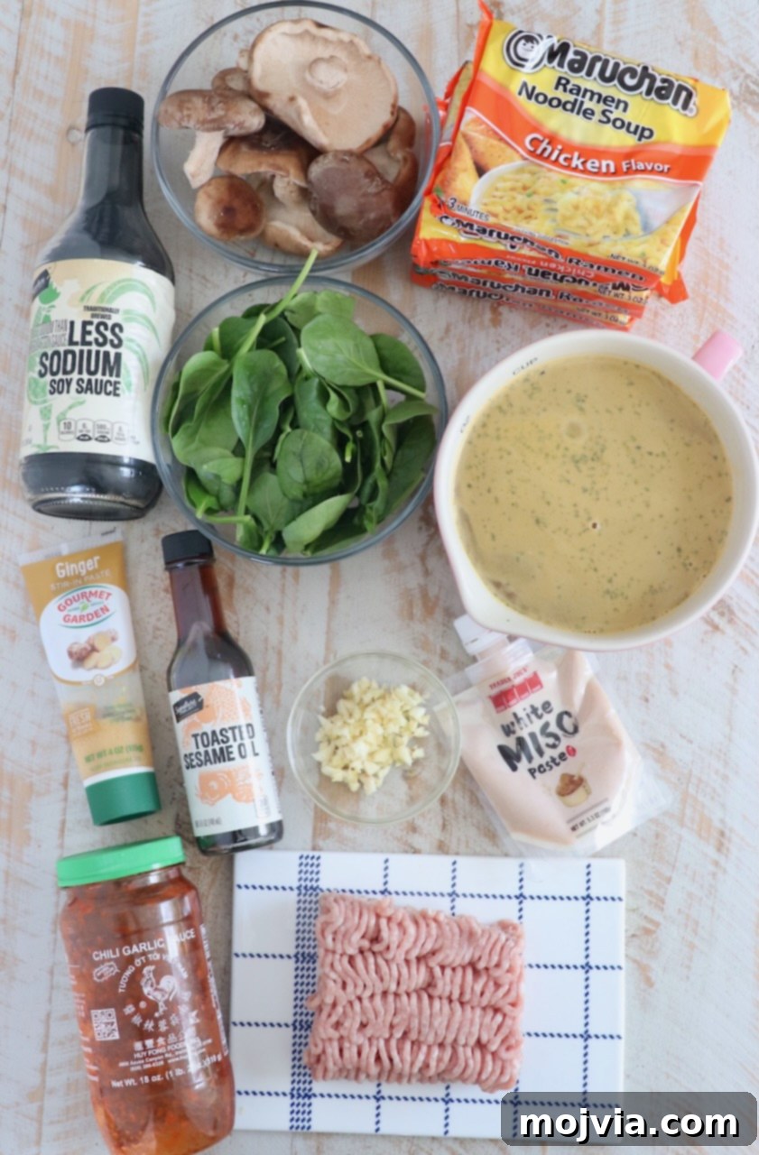 Golden Miso Noodle Perfection 3 A vibrant flat lay of all the essential ingredients laid out for making a delicious Miso Ramen, including fresh vegetables, various sauces, and noodles.