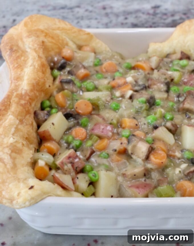 Rustic Vegetable Pot Pie 11 The fully prepared creamy vegetable pot pie filling resting in a square dish