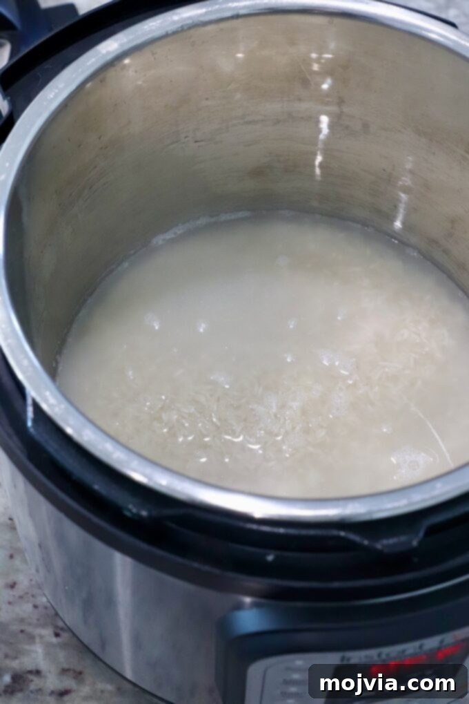 Fluffy Instant Pot Basmati Rice 4 rice covered in water in Instant Pot