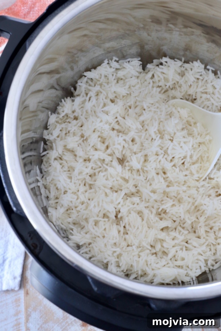 Fluffy Instant Pot Basmati Rice 7 cooked white rice in an Instant Pot