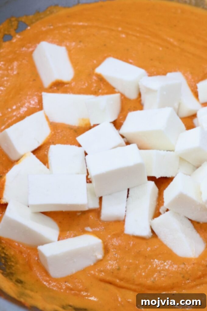 Buttery Paneer Indulgence 10 cubes of paneer in pan with curry sauce