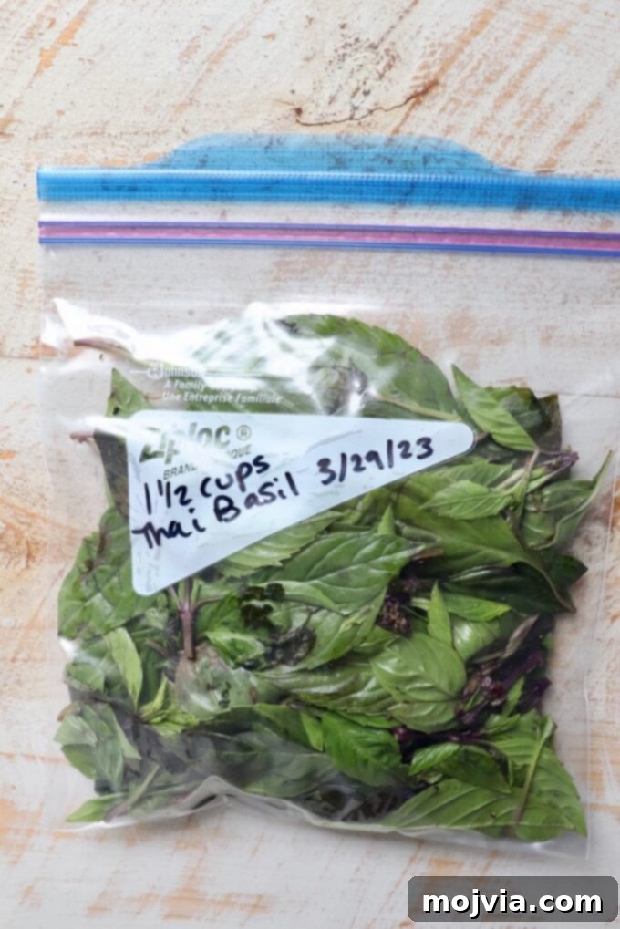 THAI BASIL: A CULINARY GUIDE 6 thai basil leaves in freezer bag