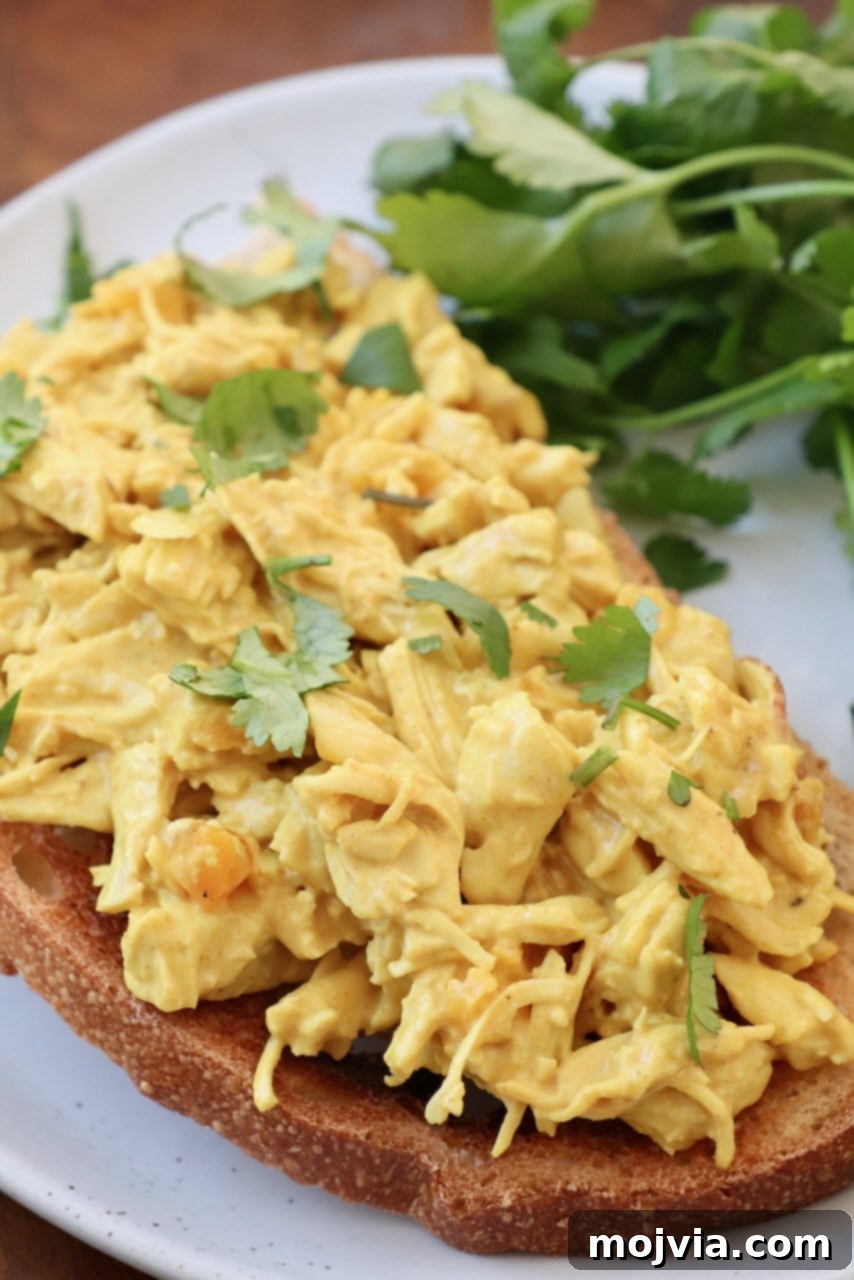 Crown Jewel Chicken Salad 11 coronation chicken on toast, on white plate with cilantro