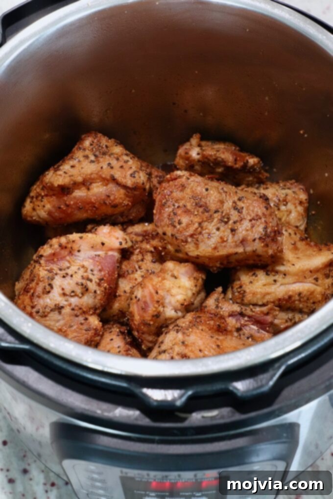 Quick and Tender Pressure Cooker Pork 6 large pieces of seared, seasoned pork in Instant Pot