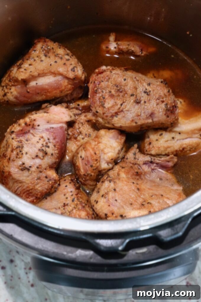 Quick and Tender Pressure Cooker Pork 7 seasoned pork in Instant Pot covered in beef broth and apple juice