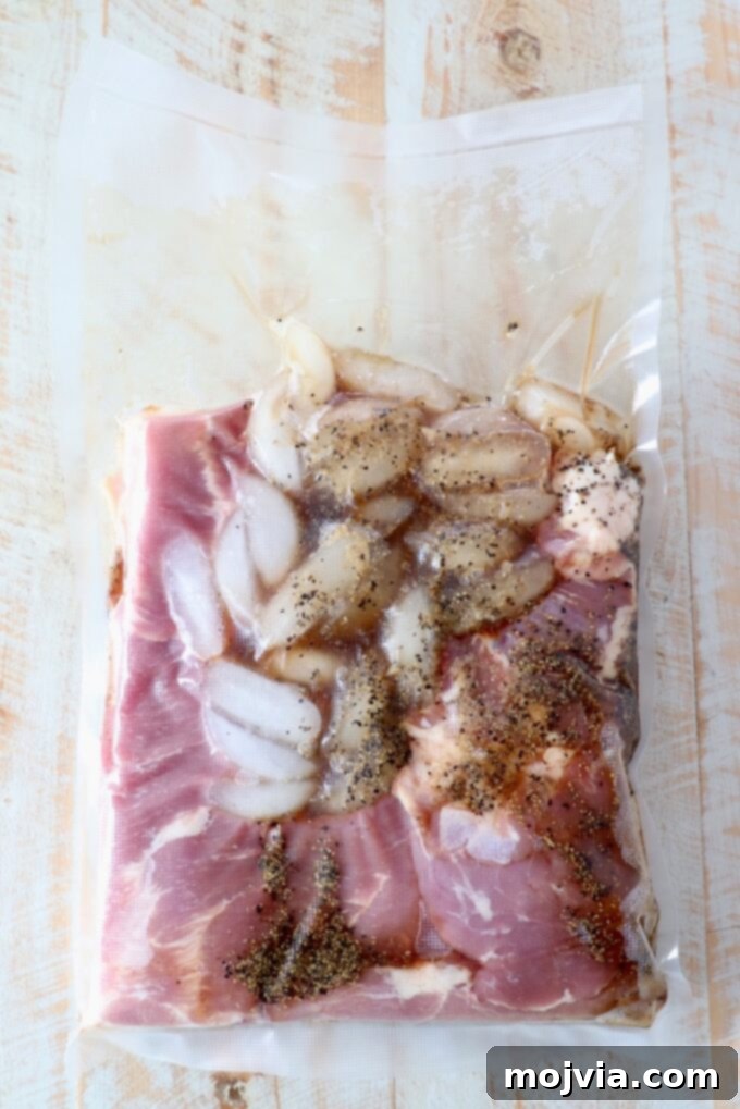 vacuum sealed seasoned pork belly with ice cubes