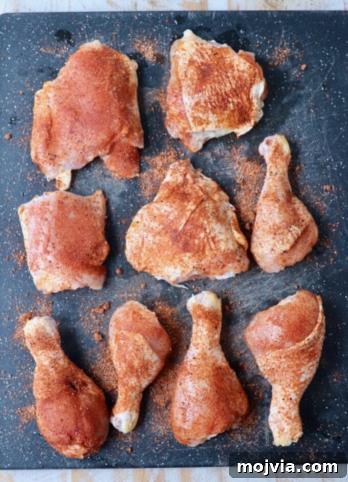 Smoked Chicken Feast 4 Raw bone-in chicken pieces generously coated with BBQ seasoning on a cutting board, ready for grilling.