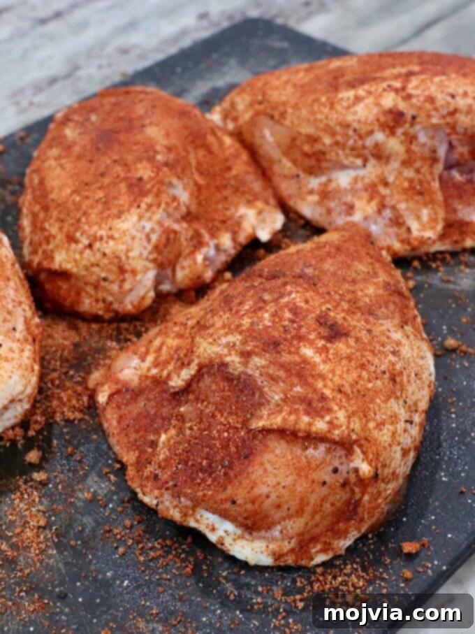 Smoked Chicken Feast 5 Close-up of seasoned bone-in chicken breasts laid out on a cutting board, glistening with oil and BBQ rub.