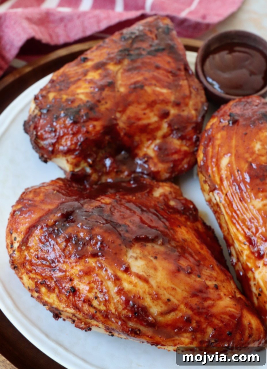 Smoked Chicken Feast 10 Two perfectly grilled BBQ chicken breasts, glazed with sauce, served on a white plate, ready to eat.