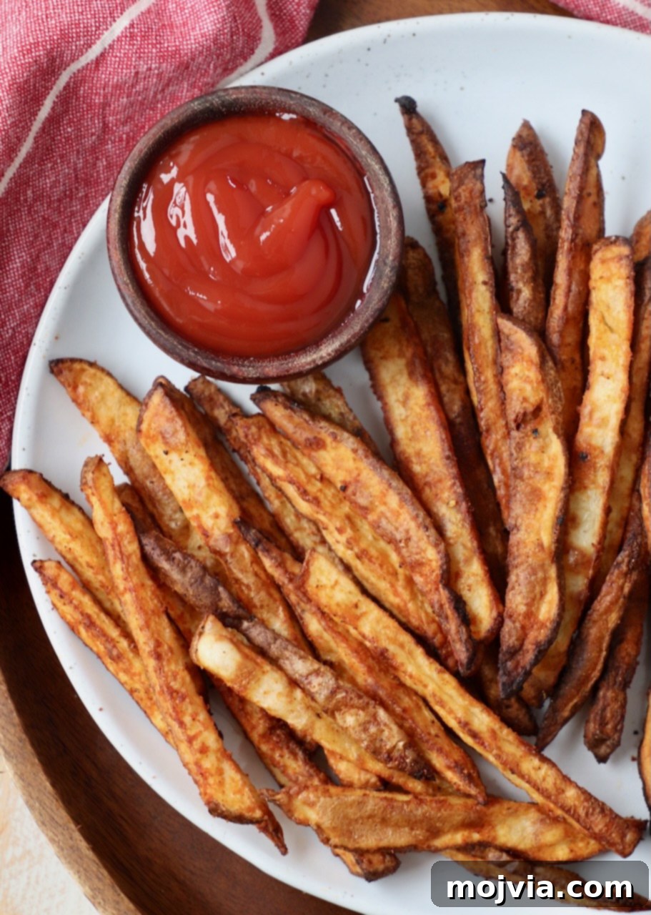 Crispy Air Fryer Fries 2 Crispy seasoned cooked french fries on a plate with a small bowl of ketchup, ready to be enjoyed.