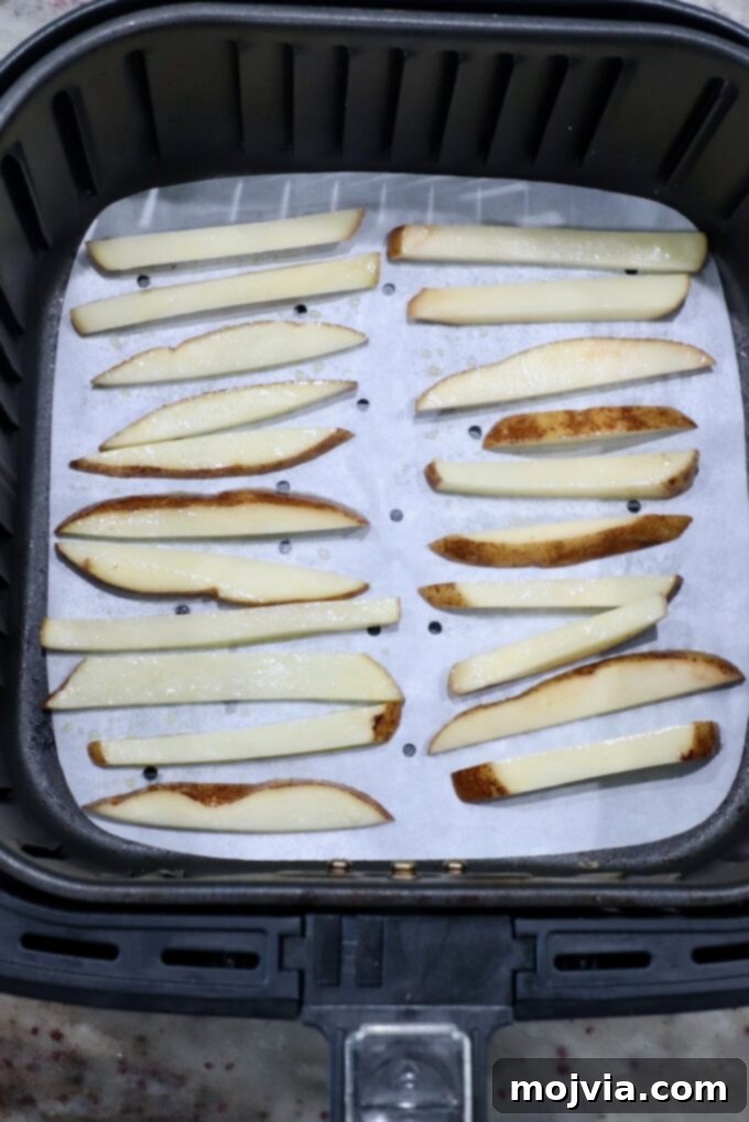 Crispy Air Fryer Fries 8 Seasoned uncooked french fries arranged in a single layer within an air fryer basket, ready for cooking.