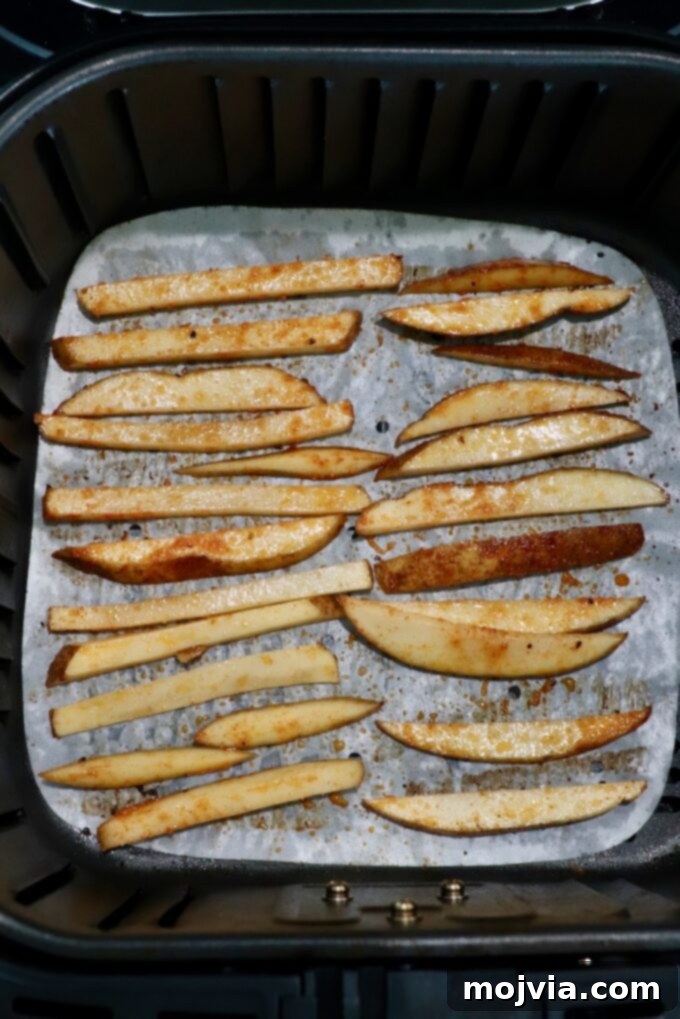 Crispy Air Fryer Fries 9 Perfectly cooked, golden-brown french fries filling an air fryer basket, showing their crispy texture.