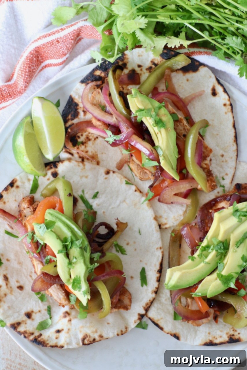 Three perfectly assembled chicken fajitas on a plate, topped with creamy avocado slices, ready to be enjoyed