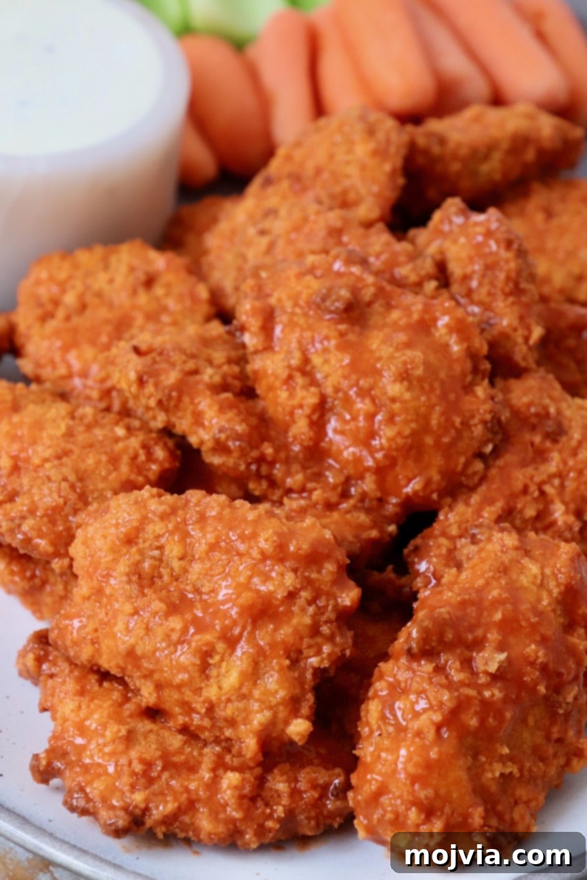Crispy Boneless Bites 2 cooked boneless wings tossed with buffalo sauce on plate