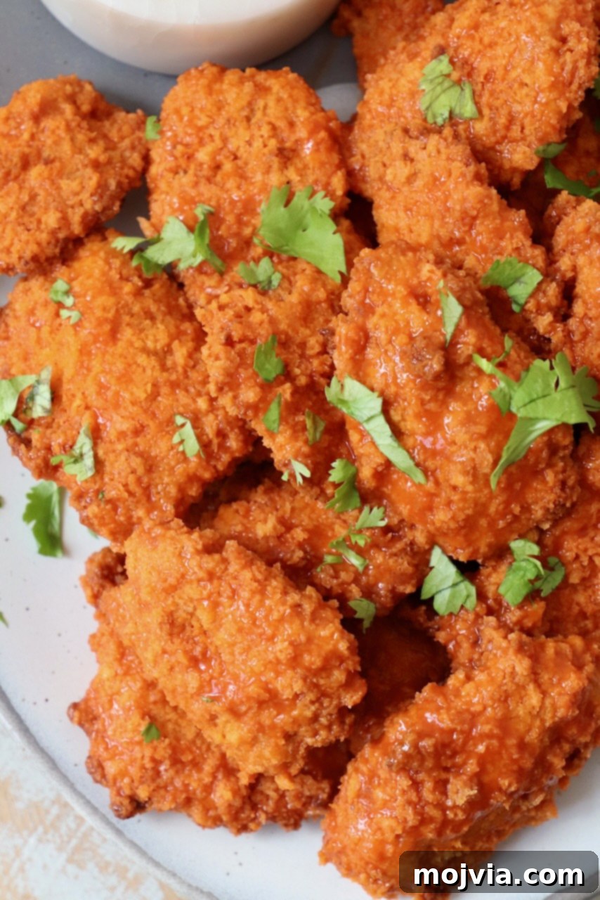 Crispy Boneless Bites 14 boneless wings tossed with buffalo sauce on plate