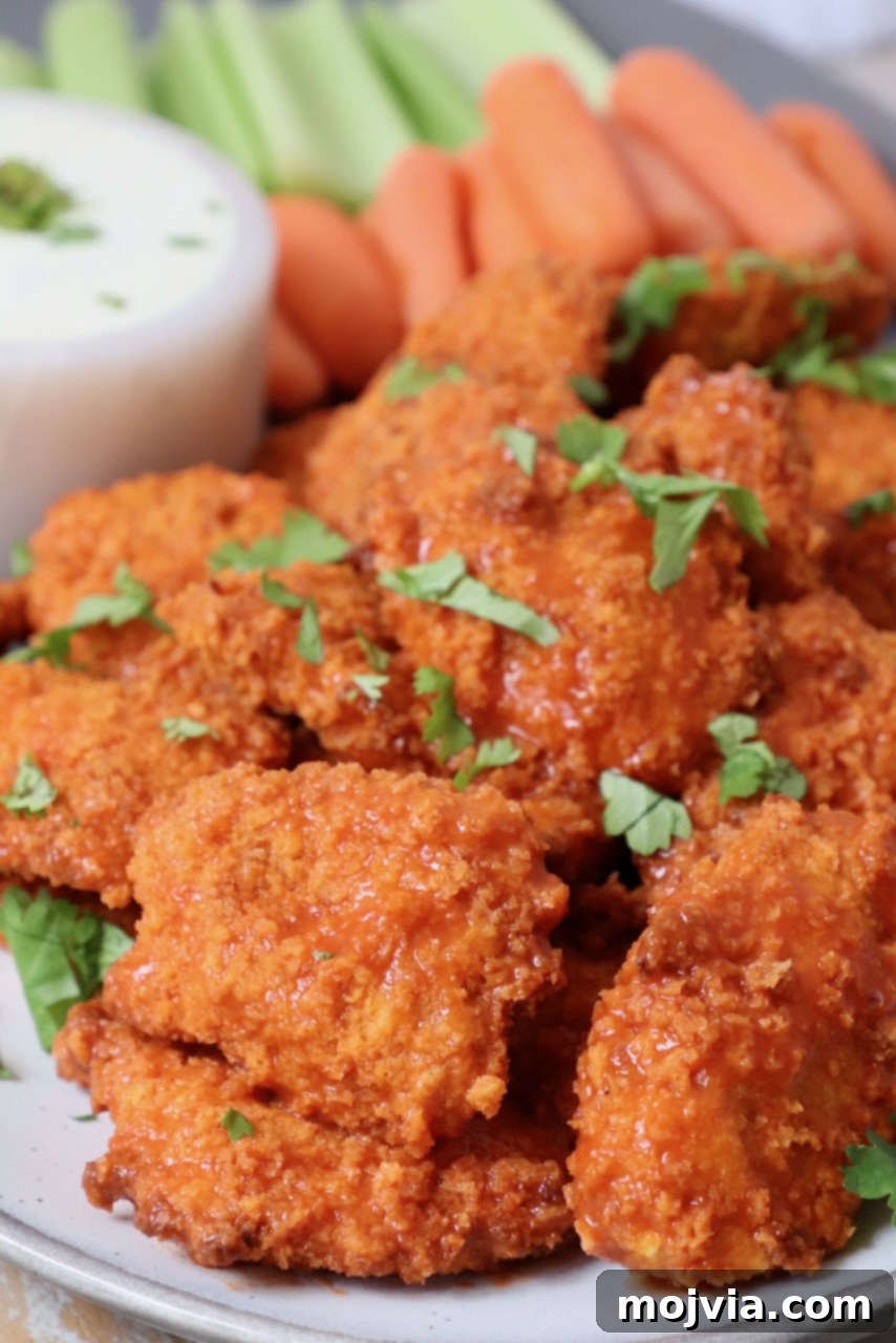 Crispy Boneless Bites 15 boneless chicken wings tossed in buffalo sauce on plate