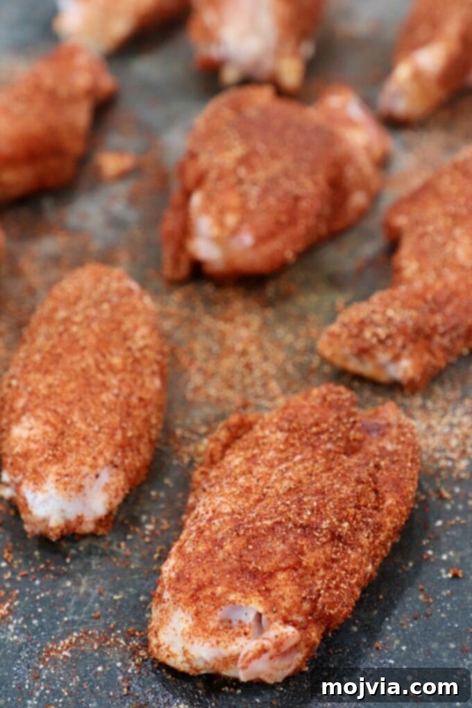 Ultimate Smoked Chicken Wings 5 seasoned chicken wings on cutting board