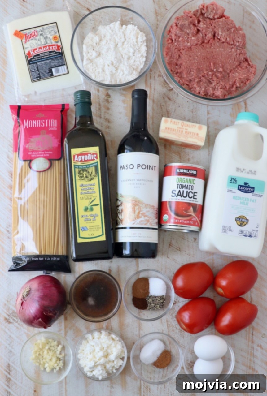 Creamy Greek Comfort Bake 3 A vibrant flat lay image showcasing all the fresh, high-quality ingredients needed for Pastitsio, arranged neatly on a counter.