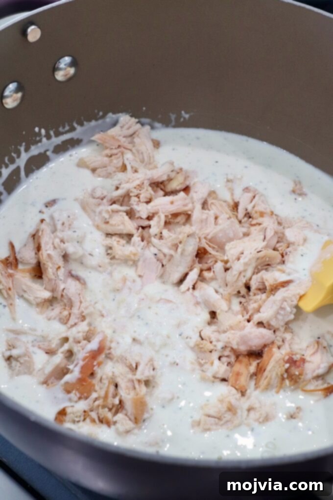 cooked, shredded chicken being added to the white sauce in a pan