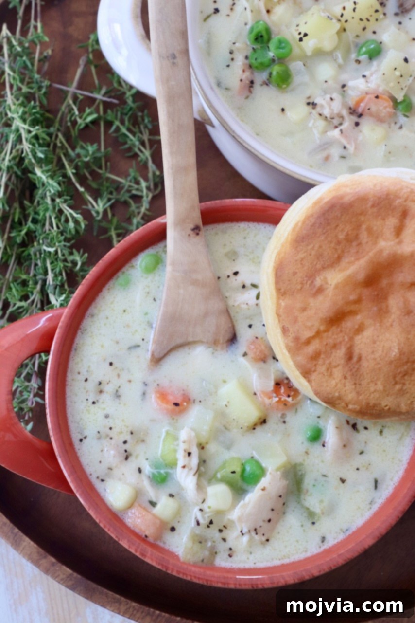 Cozy Chicken Pot Pie Soup 2 Creamy Chicken Pot Pie Soup served in white bowls, garnished with fresh herbs and topped with a golden-brown biscuit, ready to be enjoyed.