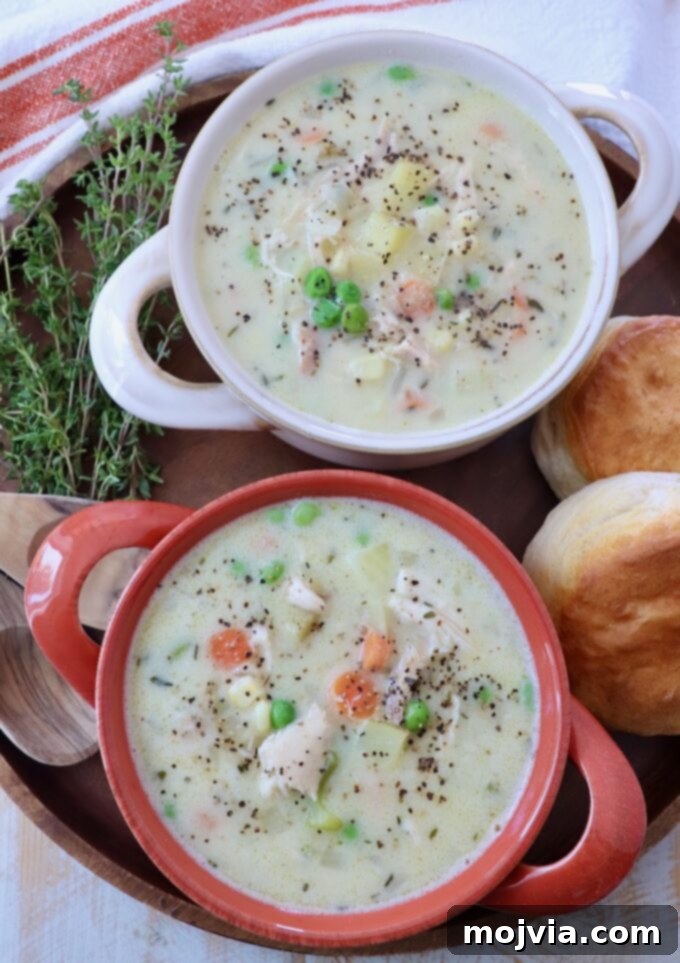 Cozy Chicken Pot Pie Soup 11 Two bowls of inviting chicken pot pie soup, rich and creamy, garnished with fresh parsley and ready to be served as a comforting meal.