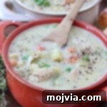 Cozy Chicken Pot Pie Soup 14 A serving of comforting Chicken Pot Pie Soup in a white bowl with a wooden spoon, showcasing its creamy texture and hearty ingredients.