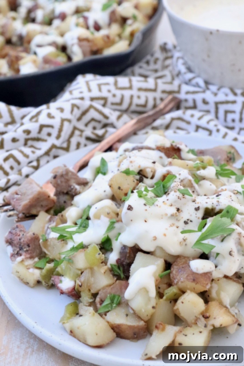 Philly Cheesesteak Skillet 8 potato hash on plate covered with cheese sauce
